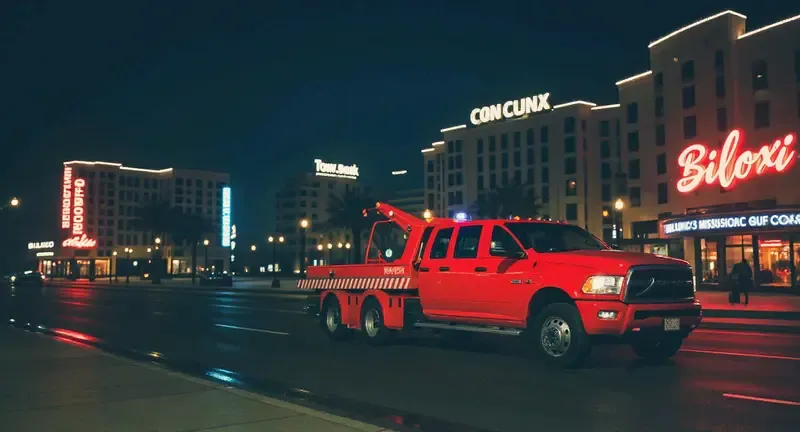 Tow truck responding on Biloxi's casino row boulevard at night