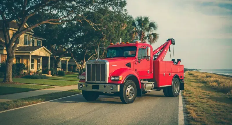 Tow truck on Scenic Drive in Pass Christian, MS with Gulf views