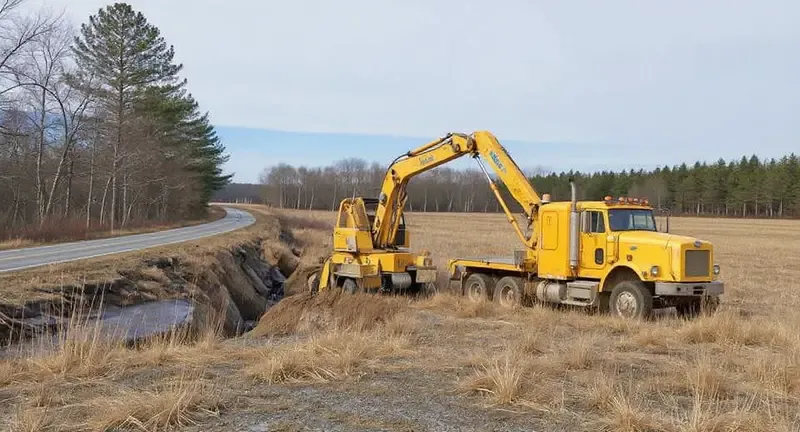 Wrecker pulling a truck from a muddy ditch in rural Lyman, MS